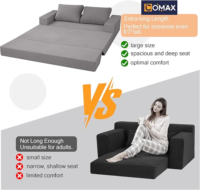 COMAX Convertible Sofa Bed Queen, Corduroy Folding Floor Couch Pull Out Couch Bed Futon Sleeper with Pillows, Fold Out Boneless Sofa Comfy Lounge Mattress Loveseat for Living Room Bedroom, Light Grey