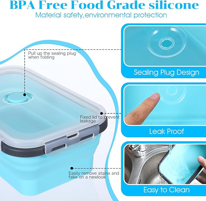 6 Pieces Collapsible Food Storage Containers Foldable Silicone Lunch Containers with Lids, 3 Pcs Silicone Rectangle Collapsible Bowls and 3 Pcs Round Food Bowls, Microwave Freezer and Dishwasher Safe