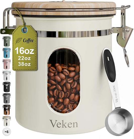 Veken Coffee Canister with Window, Airtight Stainless Steel Kitchen Food Storage Container with Lids, Date Tracker and Scoop for Grounds Coffee, Beans, Tea, Flour, Cereal, Sugar Jars, 16OZ, Cream