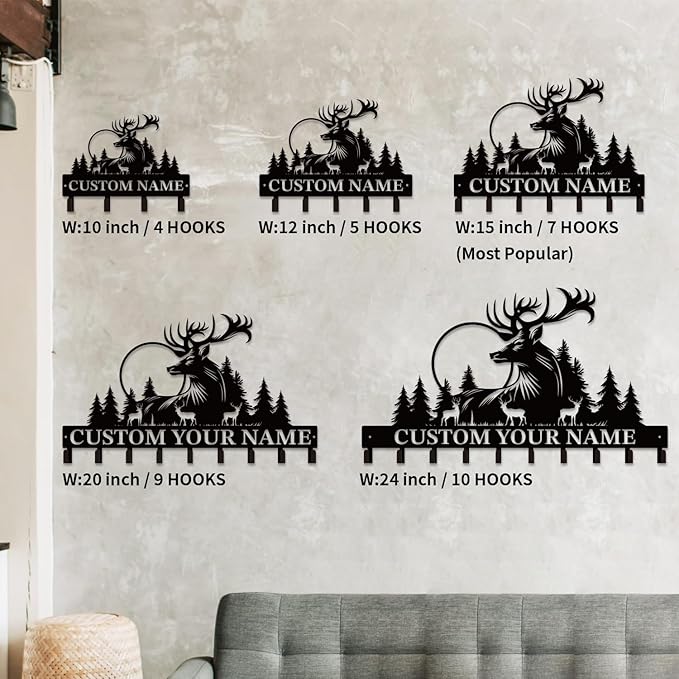 Personalized Custom Name Forest Deer Wall Keys Hooks,Metal Forest Deer Art Clothes Hooks,Metal Forest Deer Wall Home Storage Decorative,For Front Door, Hallway, Kitchen, Bedroom,Keys,Hats (Style D)