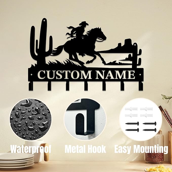 Personalized Custom Name West Cowboy Keys Hooks,Metal Cowboy Art Clothes Keys Hooks,Metal Cowboy Lover Wall Home Storage Decorative Keys Hooks,Key Holder Hooks for Wall (Style G)