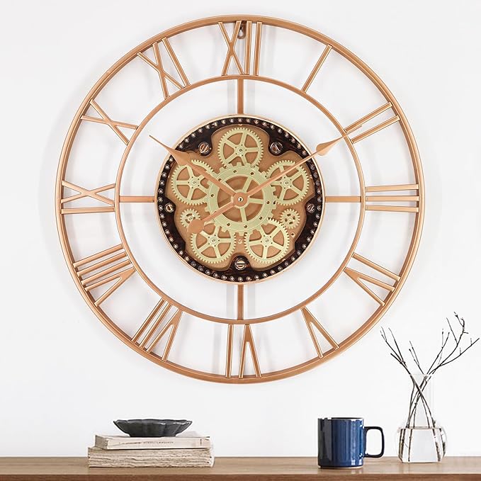 24 Inch Large Wall Clocks for Living Room Decor with Moving Gears,Large Wall Clock Industrial Steampunk,Oversized Metal Analog Wall Clocks for Farmhouse Home Battery Operated