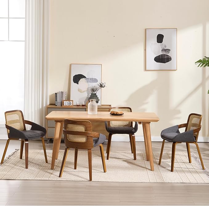 DUOMAY Modern Linen Dining Chairs Set of 4, Cane Back Room Chairs with Solid Wood Legs Kitchen Chairs for Living Room, Restaurant, Grey