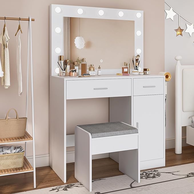 Makeup Vanity with Stool, Large Drawer and Power Socket with 11 Light Bulbs and 3 Adjustable Lighting Modes, Vanity Table for Bedroom (White)