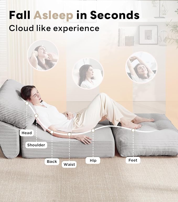 Tbfit Folding Sofa Bed, Convertible Sleeper Chair with Large Pillow, Corduroy Folding Couch Bed, Portable & Foldable Mattress Boneless Floor Sofa for Living Room, Bedroom, Office, Grey, Single