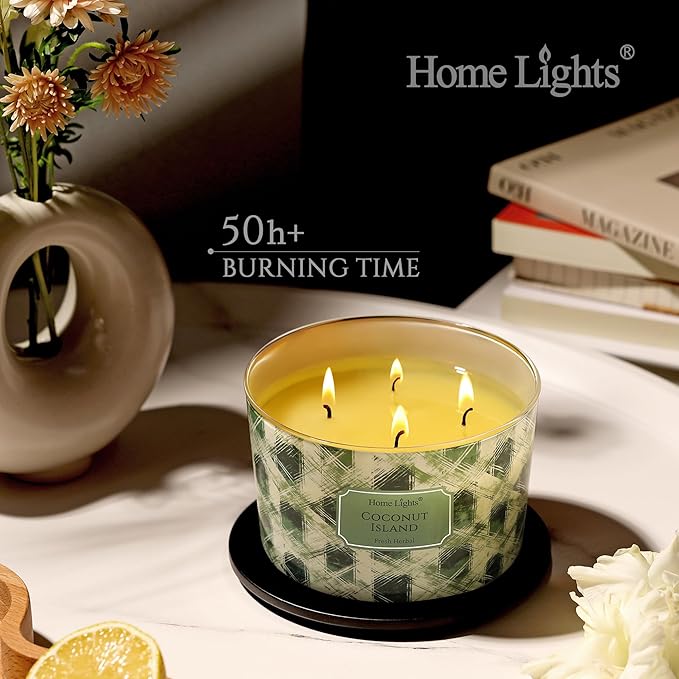 HomeLights 4-Wick Candles for Home Scented - 18oz Soy Wax Blend Candle Long-Lasting Fragrance, Scandinavian Minimalist Design Home Decor and Housewarming Gifts, Coconut Island