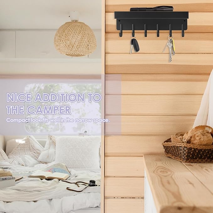 VIS'V Key Holder Wall Mount, Compact Adhesive Key Rack with Tray, 6 Hooks, 2 Mount Options, Black