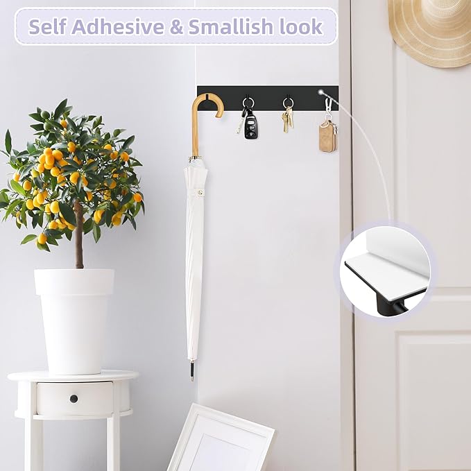 VIS'V Key Holder Wall Mount, Large Metal Self Adhesive Key Hanger with 4 Hooks, No Drilling, Extra Adhesive Strip, Black