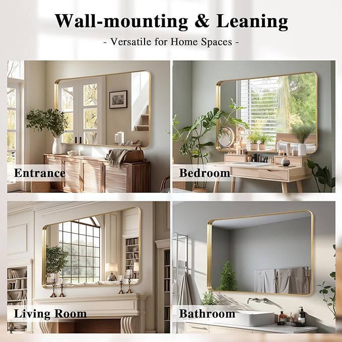 Gold Metal Deep Frame Mirror - 30" x 48" Rectangular Wall Mounted Vanity Mirror for Bathroom, Bedroom, Living Room & Entryway Decor