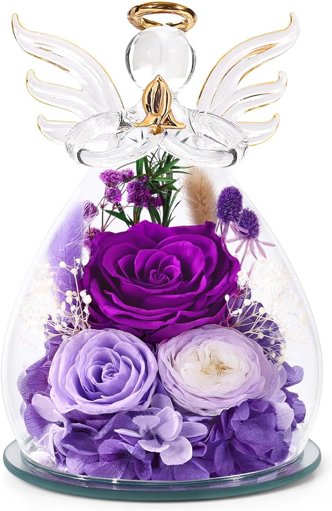 Gifts for Women, Christmas Decorations Flowers for Delivery Fresh Bouquet Forever Preserved Flowers Real Rose Angel Figurine Glass, Xmas Decor Gifts for Mom Grandma Wife Sister, Purple