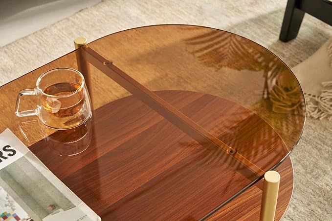 Shrine Oval Coffee Table, Mid-Century Modern Design, 2-Tier Structure, Amber Glass Top and Walnut MDF Shelf, 47" D x 21" W x 17" H, Sleek Conical Metal Legs with Gold Finish