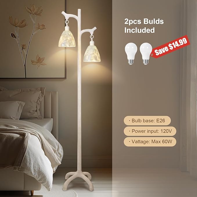 68" Washed White Rustic Floor Lamp with Soft Pearl Shell Lamp Shade for Living Room, Standing Lamp for Bedroom, Farmhouse Floor Lamp Stepless Dimmable Tree Trunk Tall Lamp for Bedroom (Bulb Included)