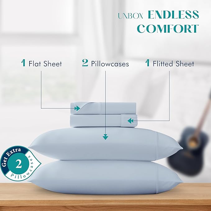 XOOX Linen 100% Egyptian Cotton Queen Sheet Set - Luxury 1200 High Thread Count Egyptian Cotton Sheets Queen Size (4 PC, Light Blue), Silky Soft, Cooling, 17" Deep Pocket Sateen Weave Hotel Bedding