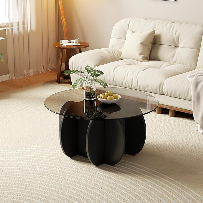 Coffee Table for Living Room Mid Century Modern Round Center Table with Glass Top, Black