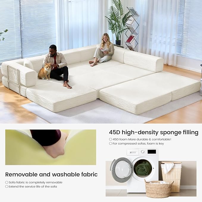 Folding Sofa Bed Convertable Corduroy Couch King Size Floor Sleeper 4-in-1 DIY Combination Modular Sofa Fold Out Futon Lounge Comfy Foldable Lazy cama for Living Room (Off-White)