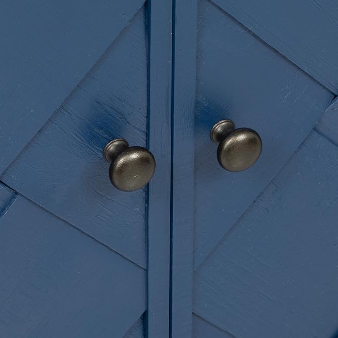 Unique Retro Curved Sideboard with 4 Handwoven Wood Slat Doors, Solid Wood Veneer Accent Entryway Console Table Storage Cabinet for Hallway Living Room Dining Room (Navy Blue-V)