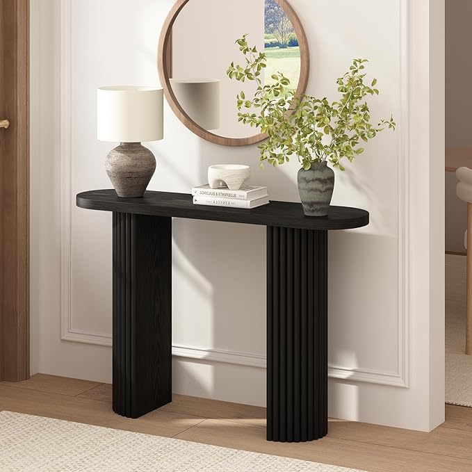Fluted Console Table with Solid Wood Legs, 39.2" Farmhouse Entryway Table with Rounded Corners, Morden Sofa Tables Behind Couch for Foyer, Entrance, Living Room, Hallway, Black