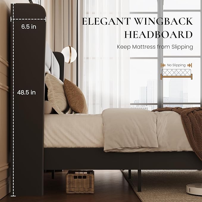 SHA CERLIN Queen Size Bed Frame with Charging Station & Storage Headboard, Velvet Platform Bed with Upholstered Modern Wingback Design, Wooden Slats Support, No Box Spring Needed, Easy Assembly, Grey