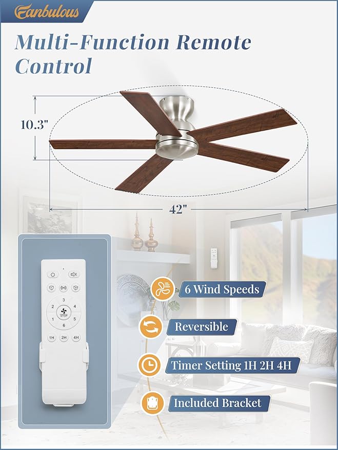 Fanbulous 42 Inch Flush Mount Ceiling Fans no Light, Brushed Nickel Modern Ceiling Fans, 6-Speeds, Quiet Reversible DC Motor, Outdoor/Indoor Ceiling Fan for Patios, Living Room, Bedroom