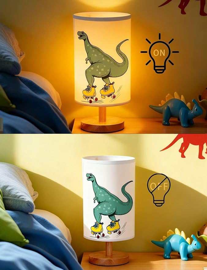 Dinosaur Lamp, Dinosaur Decor Boys Room, 3 Color Night Light Wood Nightstand Desk Base Flaxen Fabric Shade for Bedroom Living Room, Dino Lovers Gifts, LED Bulb Included (Yellow Dinosaur)