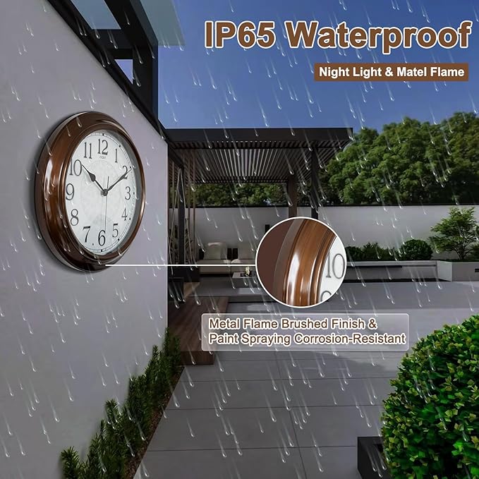 OCEST 15 Inch Indoor Outdoor Clock Waterproof, Silent Metal Large Outdoor Clock Glow in The Dark, Battery Operated Decor for Garden Pool Patio Porch