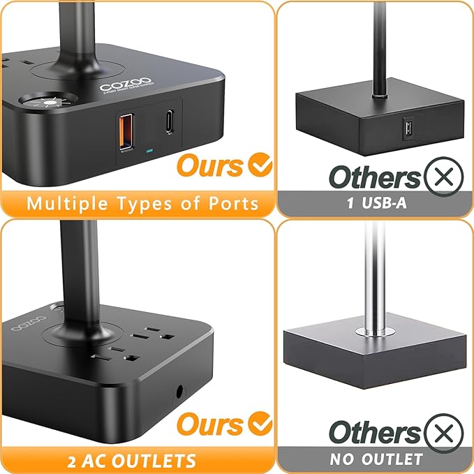 COZOO USB Bedside Dimmable Table Desk Lamp with 2 USB Charging Ports 2 Outlets Power Strip,Black Charger Base Flaxen Fabric Shade, LED Light for Bedroom/Nightstand/Living Room/Dorm/Home Office/College