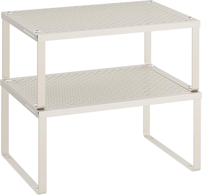 SONGMICS Spice Racks, Set of 2 Metal Cabinet Shelf Organizers, Countertop Organizers, Shelf Risers, Stackable, Expandable, Oatmeal Beige UKCS001K01