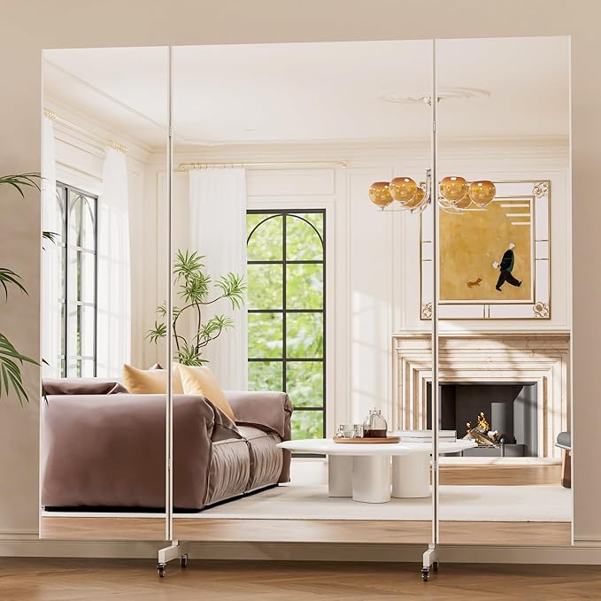 brisafe 71"x67" Folding Mirror with Wheels, 3-Panel Full Length Wall Mirror, Space-Saving Design, Shatterproof Nano Material, Portable Floor Mirror for Gym, Dance Studio, Home, Commercial Use, White