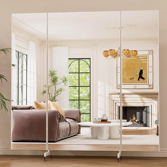 brisafe 71"x67" Folding Mirror with Wheels, 3-Panel Full Length Wall Mirror, Space-Saving Design, Shatterproof Nano Material, Portable Floor Mirror for Gym, Dance Studio, Home, Commercial Use, White