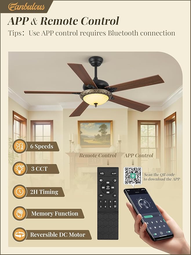 Fanbulous 56" Ceiling Fans with Lights, Rustic Ceiling Fan with Dimmable LED Light, Remote/APP Control,5 Dual Finish Blades,6-Speeds Traditional Ceiling Fan for Bedroom, Living Room,Indoor & Outdoor