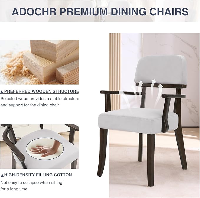Modern Wood Dining Chairs with Arms, Velvet Upholstered Kitchen Chairs with Black Hardwood Legs & Open Curved Backrest, Accent Chairs 350 LBS Capacity, Grey