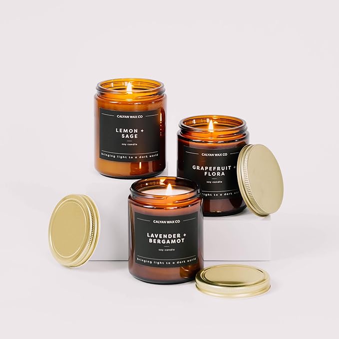 Calyan Wax Co. Apples & Maple Bourbon Scented Candle - 57 Hour Burn - Luxury Non Toxic Soy Wax Candles - Long Lasting Amber Glass Jar Candle for Home - 7.2oz