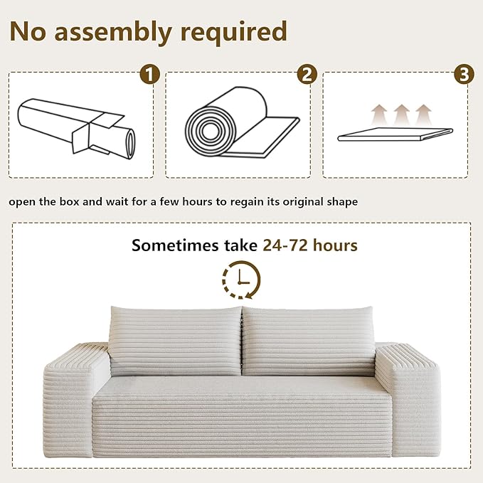 63" Boneless Loveseat Sofa - Cloud Couch with Memory Foam, Comfy Deep Seat - Corduroy Floor Sofa, No Assembly Required - Small Space Friendly for Living Room, Bedroom, Apartment, White