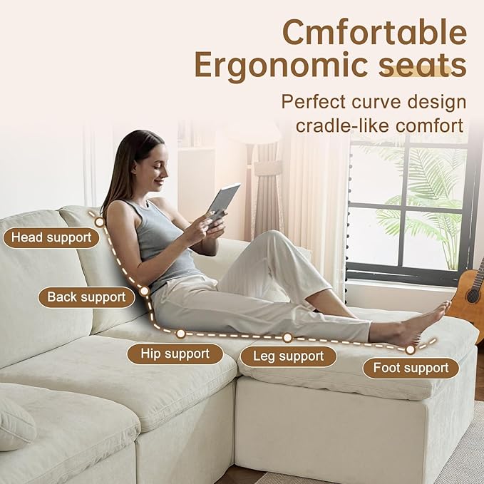 ANONER 108" Cloud-Like Modular Sectional Sofa, Deep Seat with Soft Pillow, 3 Seater Boneless Couch and Breathable Chenille Fabric, Beige