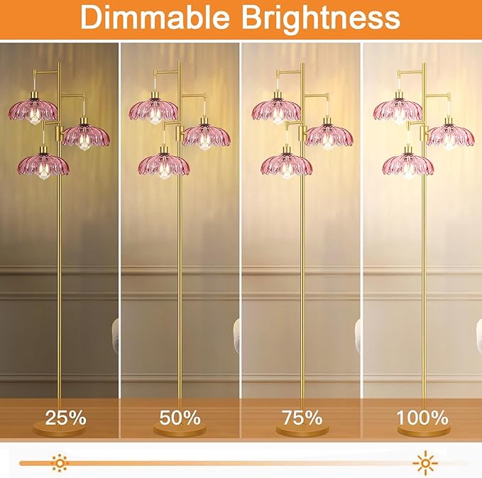 Vintage Floor Lamps for Living Room-3 Light Gold Dimmable Floor Lamp with Three Bulbs & Glass Lampshape, Mid Century Modern Standing Lamp Tree Tall Flower Floor Lamp for Bedroom Living Room,Corner