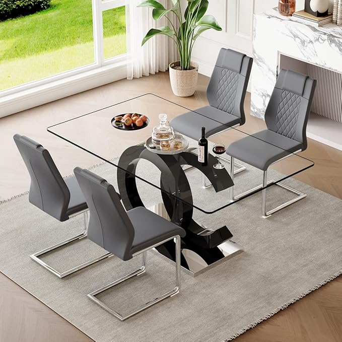 63'' Glass Dining Table Set for 4, Kitchen Table Chairs Set of 4, Clear Glass Dining Table with Black unique design Leg and Silver Metal Base, 4 PU Dining Chairs with Metal Legs, Living Room, Kitchen.