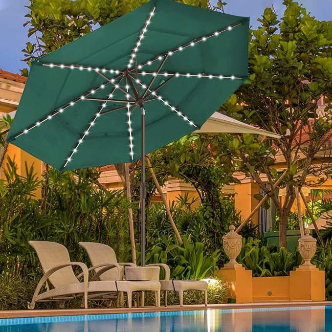EliteShade USA 10-Year-Non-Fading Solar 9ft 3 Tiers Market Umbrella with 80 LED Lights Patio Umbrellas Outdoor Table with Ventilation,Forest Green