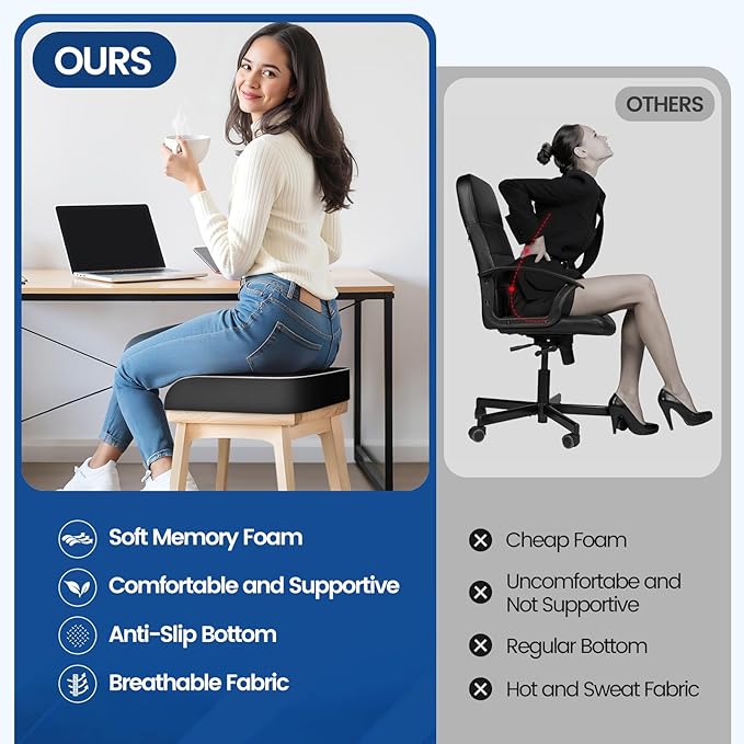 Seat Cushion for Tailbone Pain Relief, Office Chair Cushion, Memory Foam Large Chair Cushion with Non-Slip Cover for Soft Support at Office Chair, Car Seat, Airplane Black/XLarge