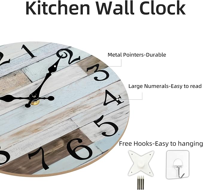 Wall Clock Battery Operated 10 Inch Silent Non-Ticking Coastal Country Style Decorative for Living Room, Kitchen, Home,Bathroom, Bedroom, Laundry Room
