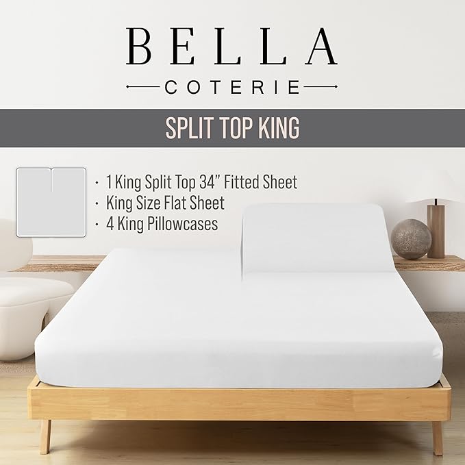 Bella Coterie 6 Piece Luxury Bamboo Viscose Split Top King Size Sheet Set | 34" Split for Adjustable Beds | 100% Organically Grown| Cooling | 18” Deep Pocket | 4 Pillowcases [White]