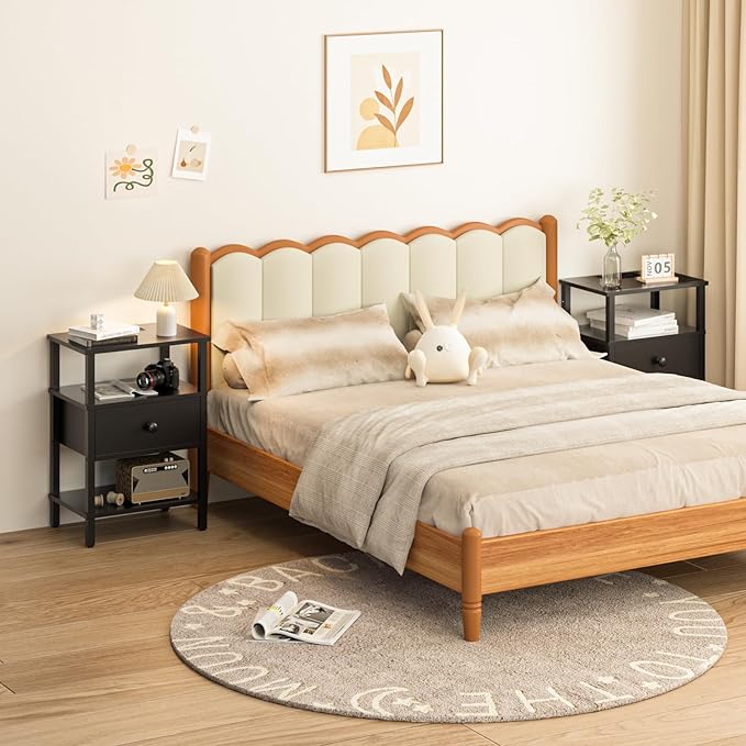 Lerliuo Nightstand with Charging Station and USB Ports, 3-Tier Storage End Table with Drawer Shelf, Night Stand for Small Spaces, Wood Bed Side Table for Living Room, Bedroom - Classic Black