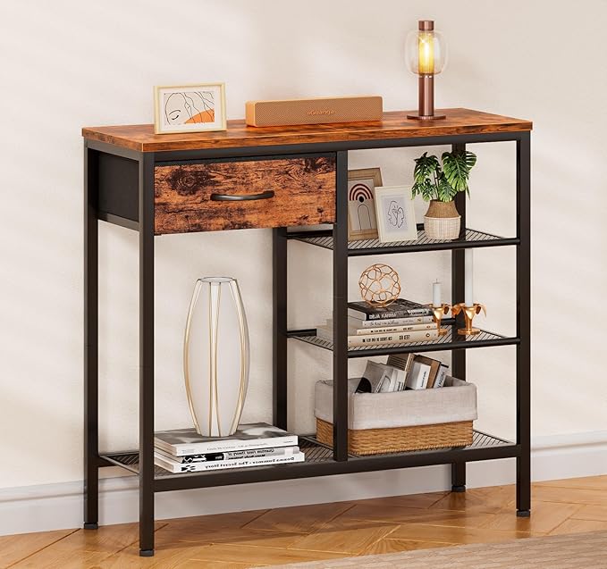 Furnulem Entryway Table Industrial 31.5" Sofa Console Table with Metal Mesh Shelf,Storage Fabric Drawer 4-Tier Shoe Rack Side Furniture for Front Door,Foyer Wooden Top, Sturdy Steel Frame,Rustic Brown