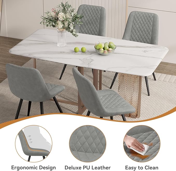 Modern Dining Chairs Set of 2, Top PU Leather Upholstered Dining Room Chairs with Metal Legs, Ergonomic Kitchen Chairs for Kitchen Dinning Room, Grey