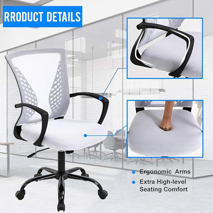 Mesh Office Chair Ergonomic Desk Chair Computer Chair with Lumbar Support Armrest Rolling Swivel Task Mid Back Adjustable Chair for Adults, White
