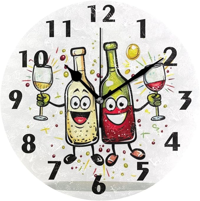Cute Wine Bottle Wall Clock Round Silent Non-Ticking Battery Operated Clocks 10 Inch White Black Home Decor for Kitchen Bedroom Living Room