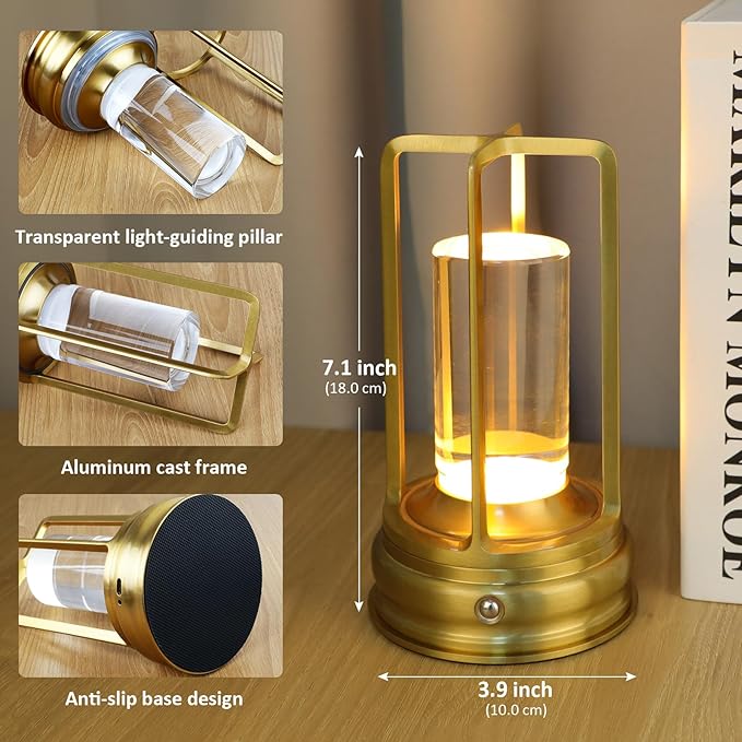 Rechargeable Cordless Metal Table Lamp – Portable LED Desk Lamp with 3-Color Infinite Dimming, Battery Powered for Indoor & Outdoor Use, Bedroom, Restaurant, Bar, Coffee Shop, or Camping