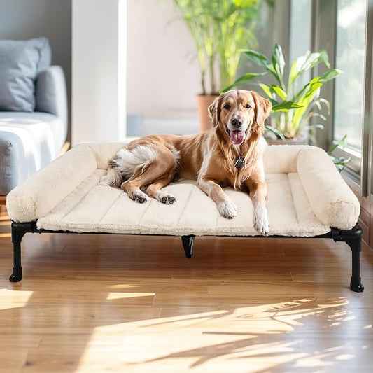 Veehoo Cooling Elevated Dog Bed with Fluffy Plush Bolster Cushion, Indoor Raised Dog Beds for Large Dogs, Soft Pet Sofa Cot with Removable Washable Mat, No-Slip Feet, 49 x 33 inches, Cream White