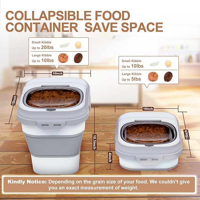 Dog Food Storage Container Small, 10-13lbs Collapsible Dog Cat Food Containers with Airtight Clear Flip-top and Pet Food Scoop, Pet Food Storage Container Bin for Dog Cat Bird Other Pets Grey