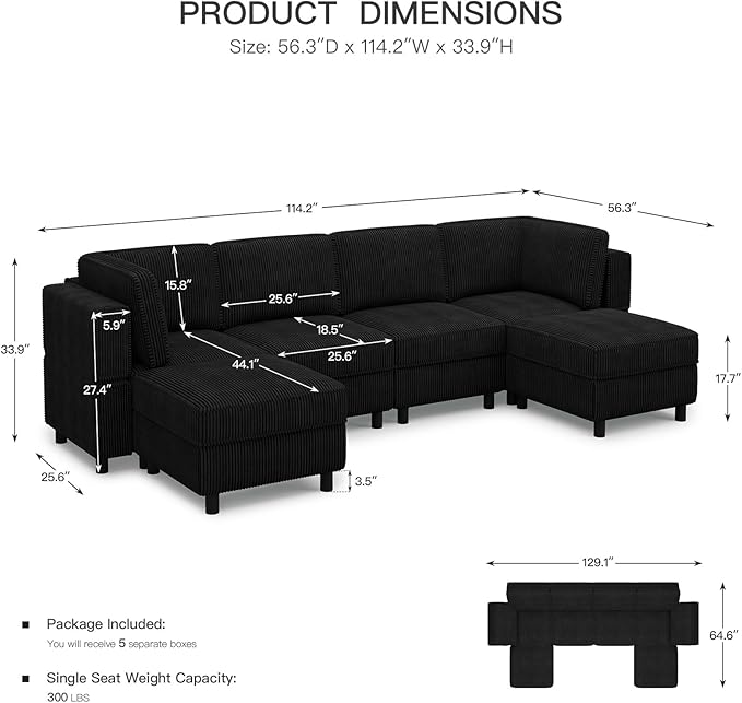 114.2" Modular Sectional Sofa with Deep Storage Seat,U Shaped Sectional Sofa Couch Convertible 6 Seater Corduroy Couch with Movable Ottoman,Upholstered Sectional Couches for Living Room,Black