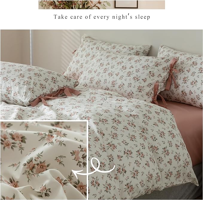 LifeTB Pink Floral Duvet Cover Queen 100% Cotton Flower Duvet Cover Girls Cottagecore Bedding Set Vintage Garden Style Aesthetic Bedding Floral Comforter Cover Botanical Bedding Cover Queen Size